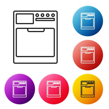 Siyah çizgi yıkama simgesi beyaz arkaplanda izole edildi. Çamaşır makinesi simgesi. Çamaşır makinesi, çamaşır makinesi. Ev aletleri sembolü. Renkli daire düğmelerini ayarlayın. Vektör İllüstrasyonu