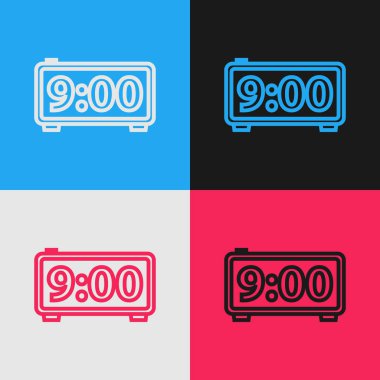 Renk çizgisi Dijital Alarm Saati simgesi renk arkaplanında izole edildi. Elektronik çalar saat. Zaman simgesi. Klasik tarzda çizim. Vektör İllüstrasyonu