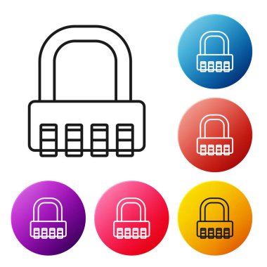 Beyaz arkaplanda siyah çizgi şifreli kilit simgesi izole edildi. Kombinasyon asma kilit. Güvenlik, güvenlik, koruma, şifre, gizlilik. Renkli daire düğmelerini ayarlayın. Vektör İllüstrasyonu
