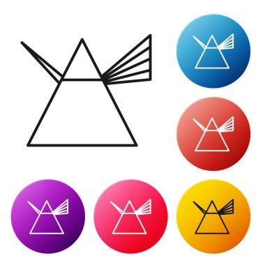 Prizma simgesindeki siyah çizgi ışığı beyaz arkaplanda izole edilmiş. Cam prizmada gökkuşağı spektrum dağılımı optik etkisi. Renkli daire düğmelerini ayarlayın. Vektör İllüstrasyonu