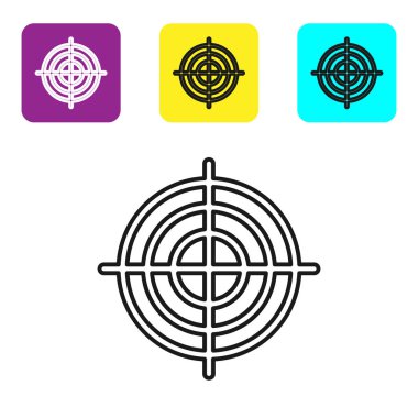 Siyah çizgi Hedef spor çekim rekabet simgesi beyaz arka plan üzerinde izole. Atış mesafesi veya atış için numaralarla hedefi temizleyin. Simgeleri renkli kare düğmeleri ayarlayın. Vektör İllüstrasyonu
