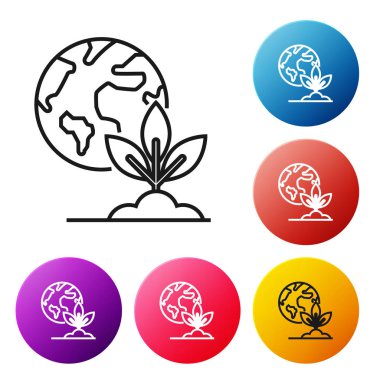 Siyah çizgi Dünya küresi ve bitki ikonu beyaz arka planda izole edildi. Dünya ya da Dünya işareti. Geometrik şekiller. Çevresel konsept. Renkli daire düğmelerini ayarlayın. Vektör İllüstrasyonu