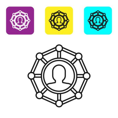 Beyaz arkaplanda siyah çizgi proje taban simgesi izole edildi. İş analizi ve planlama, takım çalışması, proje yönetimi. Geliştiriciler. Renkli kare düğmeleri ayarlayın. Vektör İllüstrasyonu