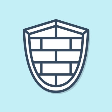 Mavi arkaplanda siber güvenlik duvarı simgesi olan mavi çizgi kalkanı var. Veri koruma sembolü. Güvenlik duvarı logosu. Ağ koruması. Vektör İllüstrasyonu