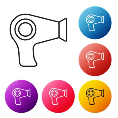 Siyah çizgi saç kurutma ikonu beyaz arkaplanda izole edildi. Saç kurutma makinesi tabelası. Saç kurutma sembolü. Sıcak hava üflüyor. Renkli daire düğmelerini ayarlayın. Vektör İllüstrasyonu