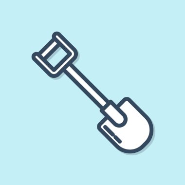 Mavi arka planda yalıtılmış mavi çizgi Kürek simgesi. Bahçıvanlık aleti. Bahçecilik, tarım, tarım için bir araç. Vektör İllüstrasyonu