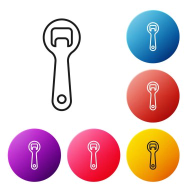 Siyah çizgi şişe açacağı simgesi beyaz arkaplanda izole edildi. Renkli daire düğmelerini ayarlayın. Vektör İllüstrasyonu