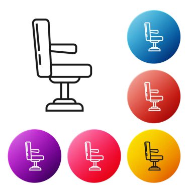 Beyaz arka planda siyah çizgi berber koltuğu ikonu izole edildi. Berber koltuğu tabelası. Renkli daire düğmelerini ayarlayın. Vektör İllüstrasyonu