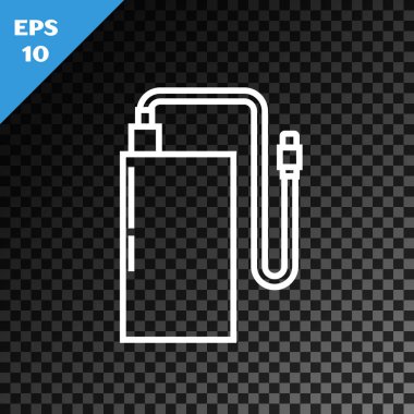 Beyaz hat güç bankası, farklı elektrik kablosu simgesine sahip, şeffaf karanlık arka planda izole edilmiş. Taşınabilir şarj cihazı. Vektör İllüstrasyonu