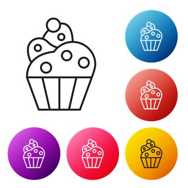 Siyah çizgi Cupcake simgesi beyaz arkaplanda izole edildi. Renkli daire düğmelerini ayarlayın. Vektör İllüstrasyonu