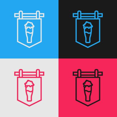 Renk arkaplanında izole edilmiş bira ikonu olan renkli çizgi sokak tabelası. Reklamlar için uygun bar, kafe, bar, restoran. Klasik tarzda çizim. Vektör İllüstrasyonu