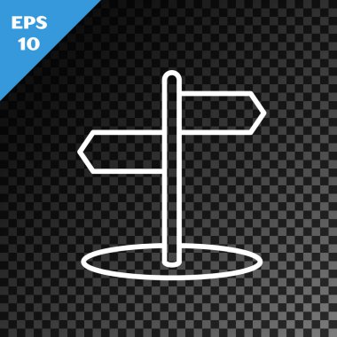 Beyaz çizgi trafik levhası. Şeffaf koyu arkaplanda sinyal simgesi izole edildi. İşaretçi sembolü. İzole sokak bilgi levhası. Yön tabelası. Vektör İllüstrasyonu