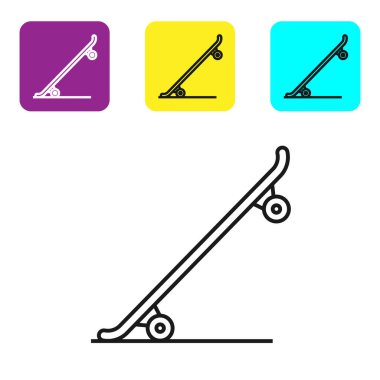 Siyah çizgi kaykay simgesi beyaz arkaplanda izole edildi. Olağanüstü bir spor. Spor malzemeleri. Renkli kare düğmeleri ayarlayın. Vektör İllüstrasyonu