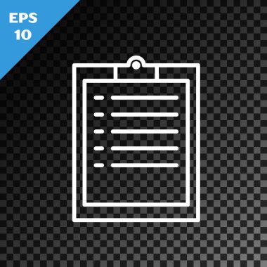 Kontrol listesi simgesine sahip beyaz çizgi panosu şeffaf koyu arkaplanda izole edildi. Vektör İllüstrasyonu