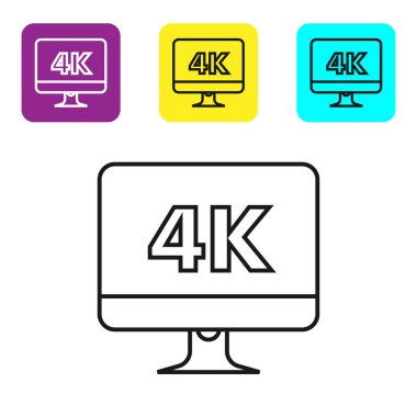 Siyah çizgi bilgisayar bilgisayar ekranı 4k video teknolojisi ikonu beyaz arkaplanda izole edildi. Renkli kare düğmeleri ayarlayın. Vektör İllüstrasyonu