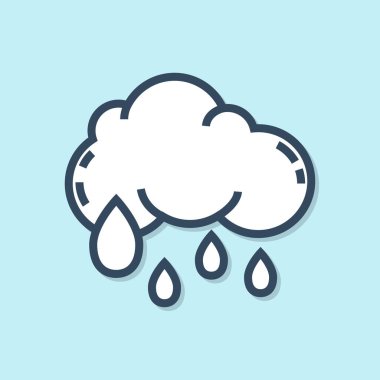 Mavi çizgi bulutu ve mavi arka planda izole edilmiş yağmur ikonu. Yağmur damlaları ile yağmur bulutu yağışı. Vektör İllüstrasyonu