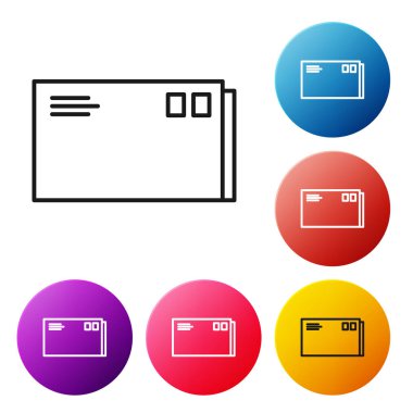 Beyaz arka planda yalıtılmış siyah çizgi Zarf simgesi. E-posta ileti mektubu simgesi. Simgeleri renkli daire düğmeleri ayarlayın. Vektör İllüstrasyonu