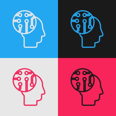 Color line Human brain as digital circuit board icon isolated on color background. Human head outline with circuit lines inside. Vintage style drawing. Vector Illustration