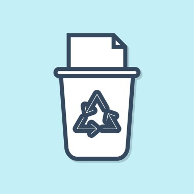 Mavi arka planda izole edilmiş geri dönüşüm sembolü simgesi olan mavi çizgi geri dönüşüm kutusu. Çöp kutusu simgesi. Çöp kutusu tabelası. Geri dönüşüm sepeti işareti. Vektör İllüstrasyonu