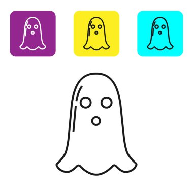 Siyah çizgi Hayalet simgesi beyaz arkaplanda izole edildi. Mutlu Cadılar Bayramı Partisi. Renkli kare düğmeleri ayarlayın. Vektör İllüstrasyonu