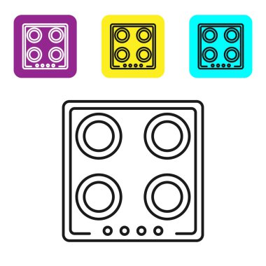 Beyaz arkaplanda siyah çizgi doğalgaz soba simgesi izole edildi. Mutfak tabelaları. Dört daire ocağı olan bir hob. Renkli kare düğmeleri ayarlayın. Vektör İllüstrasyonu
