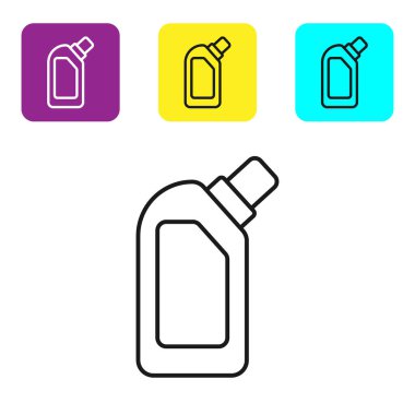 Siyah çizgi plastik şişe sıvı çamaşır deterjanı, çamaşır suyu, bulaşık deterjanı ya da beyaz arka planda izole edilmiş başka bir temizlik maddesi ikonu için. Renkli kare düğmeleri ayarlayın. Vektör İllüstrasyonu