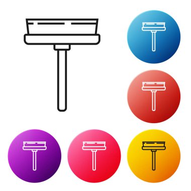 Beyaz arka planda izole edilmiş pencere simgesi için siyah çizgi temizleme servisi. Silecek, kazıyıcı, silecek. Renkli daire düğmelerini ayarlayın. Vektör İllüstrasyonu