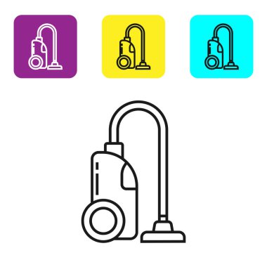 Siyah çizgi elektrikli süpürge ikonu beyaz arkaplanda izole edildi. Renkli kare düğmeleri ayarlayın. Vektör İllüstrasyonu