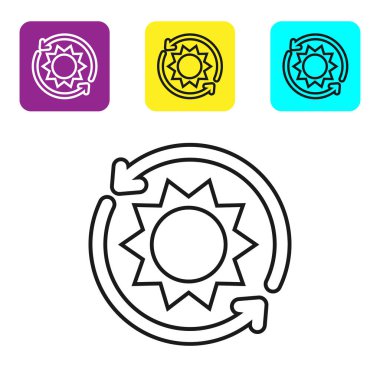 Siyah çizgi güneş enerjisi simgesi beyaz arkaplanda izole edildi. Yıldırım sembollü güneş. Renkli kare düğmeleri ayarlayın. Vektör İllüstrasyonu