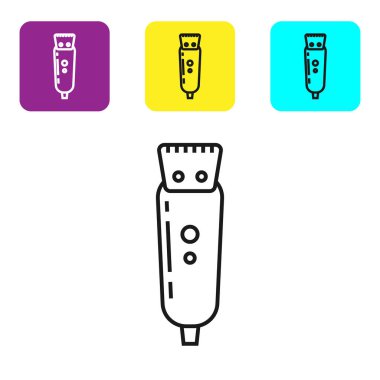 Beyaz arka planda siyah çizgi elektrikli saç kırpıcısı ya da traş ikonu var. Berber dükkanı sembolü. Renkli kare düğmeleri ayarlayın. Vektör İllüstrasyonu