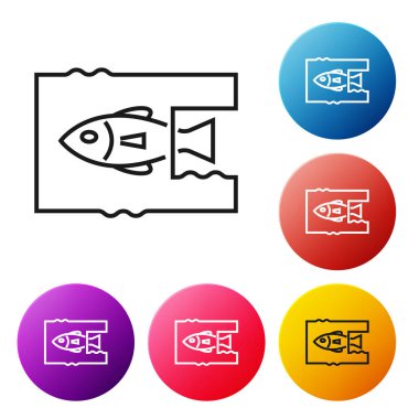 Siyah çizgi, beyaz arkaplanda izole edilmiş okyanus plastik kirliliği ikonunu durdur. Çevre koruma kavramı. Balıklar plastiğe hayır der. Renkli daire düğmelerini ayarlayın. Vektör İllüstrasyonu