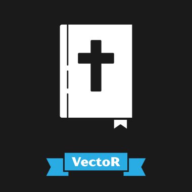 Beyaz kutsal kitap ikonu siyah arka planda izole edilmiş. Vektör İllüstrasyonu