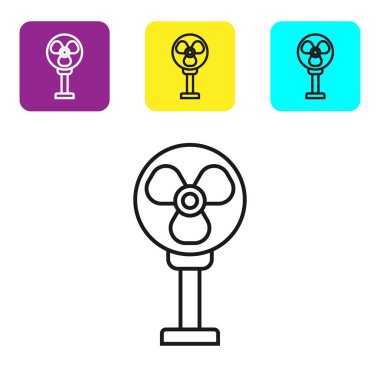 Siyah çizgi elektrikli fan simgesi beyaz arkaplanda izole edildi. Renkli kare düğmeleri ayarlayın. Vektör İllüstrasyonu