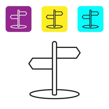 Siyah çizgi trafik levhası. Beyaz arkaplanda sinyal simgesi izole edildi. İşaretçi sembolü. İzole sokak bilgi levhası. Yön tabelası. Renkli kare düğmeleri ayarlayın. Vektör İllüstrasyonu