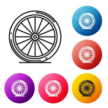 Siyah çizgi bisiklet tekeri simgesi beyaz arkaplanda izole edildi. Bisiklet yarışı. Olağanüstü bir spor. Spor malzemeleri. Renkli daire düğmelerini ayarlayın. Vektör İllüstrasyonu