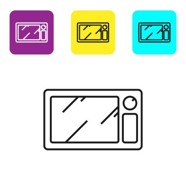 Beyaz zemin üzerinde siyah çizgi mikrodalga fırın ikonu izole edildi. Ev aletleri simgesi. Renkli kare düğmeleri ayarlayın. Vektör İllüstrasyonu