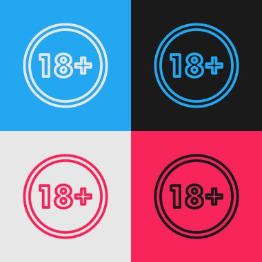 Renk çizgisi + 18 film simgesi renk arkaplanında izole edildi. Yetişkin içeriği. 18 yaşın altında. Klasik tarzda çizim. Vektör İllüstrasyonu