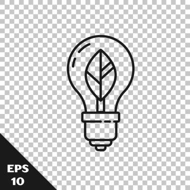 Şeffaf arkaplanda yaprak simgesi olan siyah çizgi lambası. Çevre enerjisi kavramı. Alternatif enerji kavramı. Vektör İllüstrasyonu