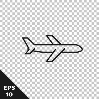 Saydam arka planda yalıtılmış siyah çizgi Düzlem simgesi. Uçan uçak simgesi. Uçak işareti. Vektör İllüstrasyonu