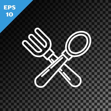 Beyaz çizgi çapraz çatal ve kaşık simgesi şeffaf koyu arkaplanda izole edilmiş. Mutfak aletleri. Çatal bıçak seti. Vektör İllüstrasyonu