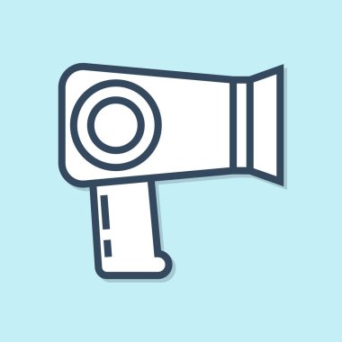 Mavi çizgi saç kurutma ikonu mavi arkaplanda izole edildi. Saç kurutma makinesi tabelası. Saç kurutma sembolü. Sıcak hava üflüyor. Vektör İllüstrasyonu