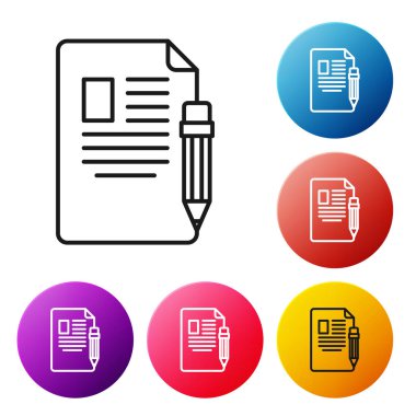 Beyaz zemin üzerinde silgi simgesi olan siyah çizgi sınav kağıdı ve kalem. Sınav kağıdı, sınav ya da araştırma konsepti. Sınav ya da sınav. Renkli daire düğmelerini ayarlayın. Vektör İllüstrasyonu