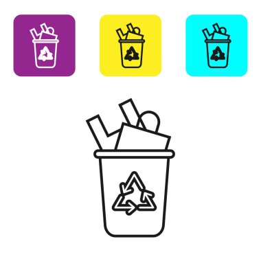 Beyaz arkaplanda izole edilmiş geri dönüşüm sembolü simgesi olan siyah çizgi geri dönüşüm kutusu. Çöp kutusu simgesi. Çöp kutusu tabelası. Geri dönüşüm sepeti işareti. Renkli kare düğmeleri ayarlayın. Vektör İllüstrasyonu