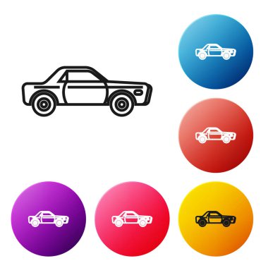 Siyah çizgili Sedan araba simgesi beyaz arkaplanda izole edildi. Renkli daire düğmelerini ayarlayın. Vektör İllüstrasyonu