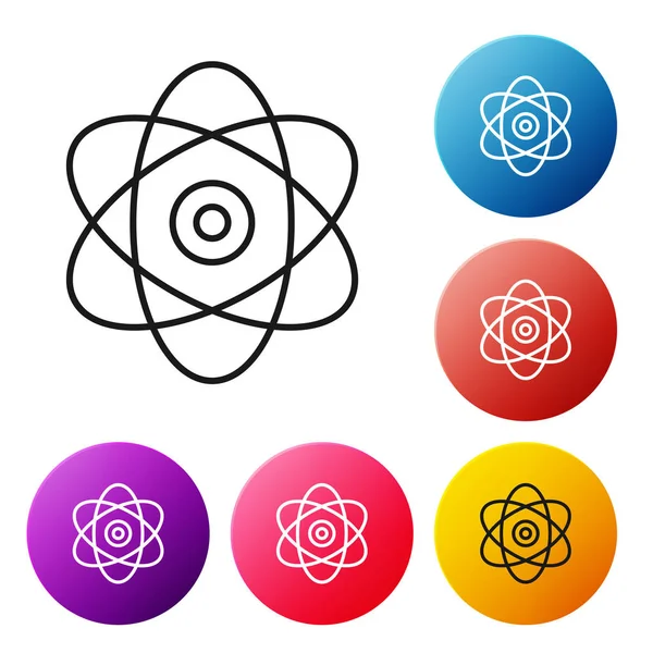 Black line Atom icon on white background. Symbol of science, education, nuclear physics, scientific research. Electrons and protons sign. Set icons colorful circle buttons. Vector Illustration — Stock Vector