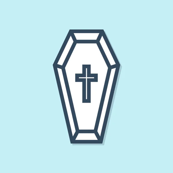 Linha Azul Coffin Com Ícone Cruz Cristã Isolado Fundo Azul — Vetor de Stock