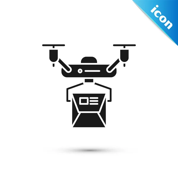 Schwarzes Drohnen-Lieferkonzept-Symbol isoliert auf weißem Hintergrund. Quadrocopter mit einem Paket. Transport, Logistikkonzept. Vektorillustration — Stockvektor
