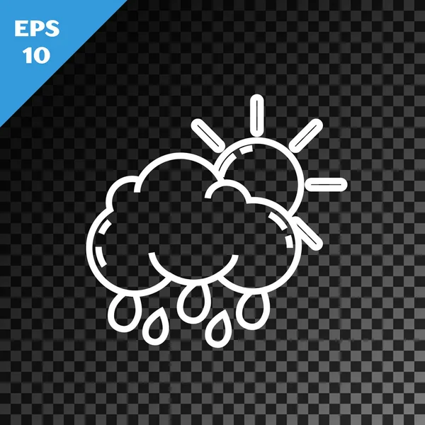 White line Cloud with rain and sun icon isolated on transparent dark background. Rain cloud precipitation with rain drops.  Vector Illustration