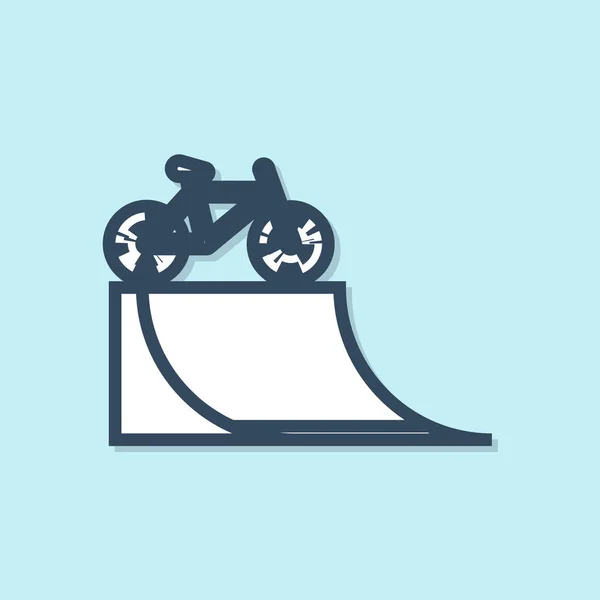 Blue line Bicycle on street ramp icon isolated on blue background. Skate park. Extreme sport. Sport equipment.  Vector Illustration