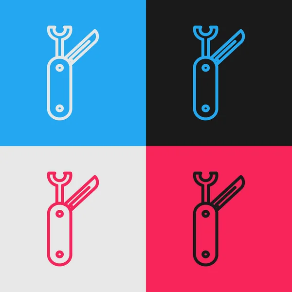 Farblinie Schweizer Taschenmesser Symbol Isoliert Auf Farbigem Hintergrund Multifunktionswerkzeug Mehrzweckmesser — Stockvektor